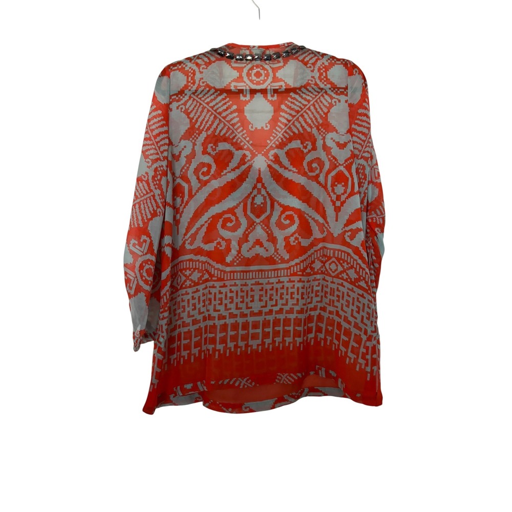 Milly of New York Orange Ikat SILK Blend Beaded V-Neck Tunic Blouse Size 8 Airy - Picture 2 of 10